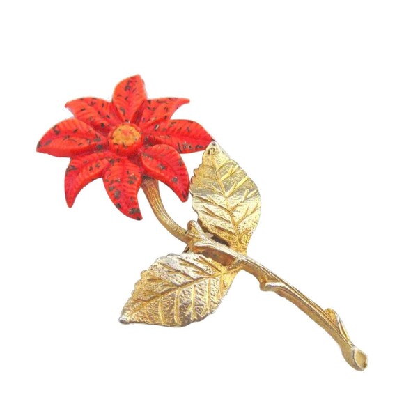 Vintage Bright Orange Enamel Flower Brooch Pin with Two Leaves Gold - Picture 1 of 7